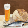 Karin Brouwer: Haring met brood en bier (2026), gouache op paneel, 27 x 33 cm. 400 euro