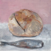 Karin Brouwer: Haring met brood (2026), gouache op paneel, 28 x 28 cm. 400 euro