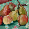Iris Duchateau: Peren op het tafelkleed (2025), olieverf op paneel, 23 x 23 cm. 150 euro