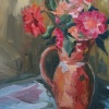 Iris Duchateau: Tuinbloemen, olieverf op paneel, 33 x 27 cm. 300 euro