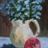 Iris Duchateau: Vaasje bloemen met appel, olieverf op paneel, 27 x 21 cm. 210 euro