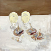 Karin Brouwer: Haring met jenever (2026), gouache op paneel, 28 x 28 cm. 400 euro