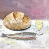 Karin Brouwer: Haring met jenever en brood (2026), gouache op paneel, 28 x 28 cm. 400 euro