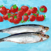 Karin Brouwer: Haring met aardbeien (2026), gouache op paneel, 27 x 33 cm. 400 euro