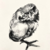 Laura Hoek: Steenuil nestkastkuiken (2026), gemengde techniek op papier, 40 x 30 cm. 425 euro
