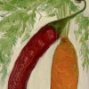 Wortel en peper, olieverf op MDF, 18 x 9 cm. 95 euro