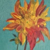 Maartje Strik: Vurige dahlia, olieverf op eikenhout, 43 x 19,5 x 2 cm. 325 euro