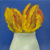 Maartje Strik: Twee tulpen in een potje (2024), olieverf op linnen, 23 x 23 cm. 325 euro