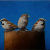 Marc van der Zwet: drie mussen op paal op blauw, olieverf op mdf, 12 x 31,5 cm. 420 euro