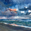 Marleen Bakker: Noordzee met oranje wolk (2025), olieverf op linnen, 63 x 83 cm. 1.190 euro