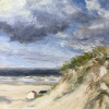 Marleen Bakker: Strandhuisjes bij Paal 9 (2026), olieverf op paneel, 17 x 17 cm. 345 euro