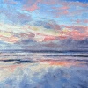 Marleen Bakker: Zonsondergang in pastelkleuren (2022) olieverf op linnen, 44 x 44 cm. 650 euro