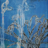 Maurice Christo van Meijel: Blauwe sneeuwkloktuin (2018) monoprint op papier op doek, 20 x 20 cm. 125 euro