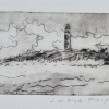 Sanne Kuiper: Vuurtoren en strand (2024) droge naald V, 12 x 17 cm. 65 euro