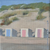 Sanne Kuiper: Strandhuisjes op Texel (2026), acryl op doek, 14 x 14 cm. 125 euro
