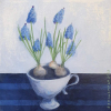 Sanne Kuiper: Blauwe druif in kommetje (2023), acryl op doek, 23 x 23 cm.  145 euro