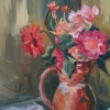 Iris Duchateau: Tuinbloemen, olieverf op paneel, 33 x 27 cm. 300 euro