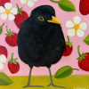 Yvonne Zomerdijk: Mereltje aardbei II (2025), acryl op doek, 33 x 33 cm. 250 euro